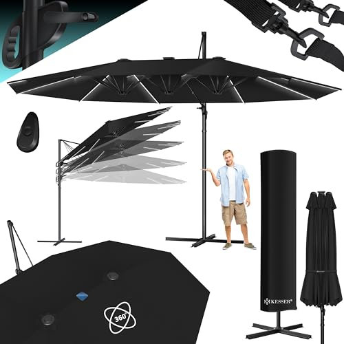 KESSER® Sonnenschirm Doppelsonnenschirm mit LED 4,6m x 2,7m | Ampelschirm Abdeckung & Windsicherung mit Kurbel & Ständer | Kurbelschirm Aluminium wasserabweisend | Neigbar Kippbar 360° Drehbar Schwarz