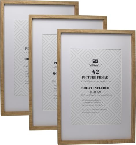 Natural Wood Effect A2(42x59.4cm) Boxed Picture Frames Set of 3 with Mounts for A3(29.7X42CM), A3 boxed photo frames 3pack,A2 Oak Wooden Effect Poster Frame with Mount for A3 photo