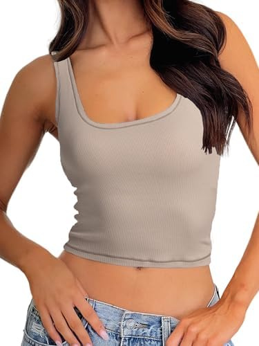 Danysu Women Oat Milk Padded Square Neck Crop Tank Top Basic Cami Tops XL