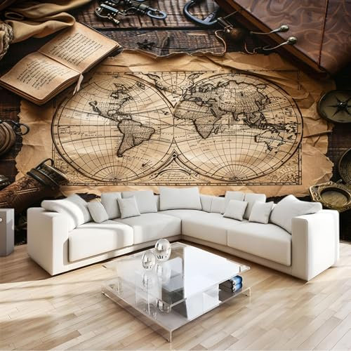 Carta da Parati Fotografica Tema Mappa Del Mondo Retrò - Design Carta per Pareti Camera - Fotomurali in Tessuto Non Tessuto - Colla Non Inclusa - 200 x 140 cm