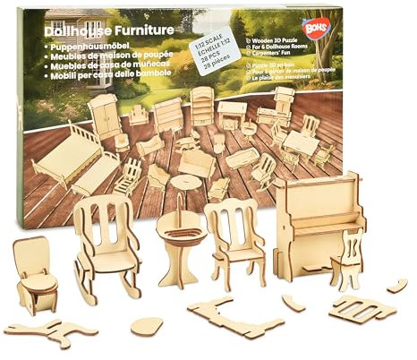 BOHS Puppenhausmöbel-Set im Maßstab 1:12 für 6-Zoll-Puppen - 3D-Puzzle aus Holz - 28-teiliges Puppenhausmöbelset für 6 Zimmer