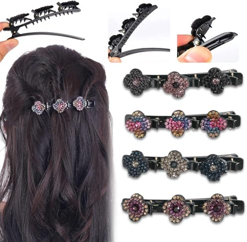 Doppelschicht Haarspange,4 Pcs Geflochtene Haarspangen 2024 Haarspangen Damen mit Funkelnden Kristallsteinen Elegante Haarstyling Clips Kolibri Strass-Haarspange haarklammern