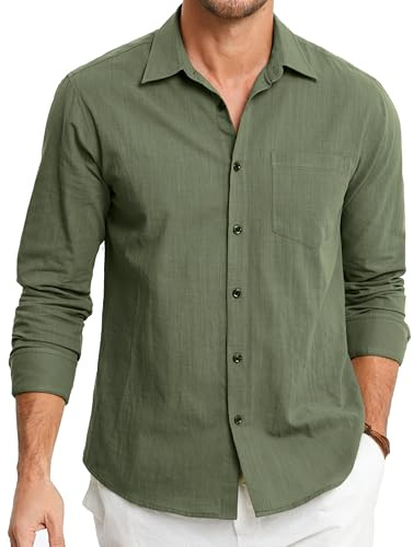 HISDERN Linneskjorta för män, långärmad skjorta, bomull, fritidsskjorta, linneskjorta, normal passform, affärsskjorta, sommarskjortor med ficka, Olivgrön, 3XL