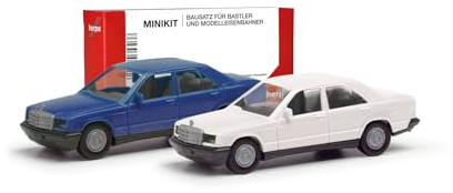 Herpa Juego de 2 maquetas MiniKit Mercedes-Benz 190E, Azul/Blanco clásico, Miniatura a Escala 1:87, Coleccionable, Kit para modelismo, plástico