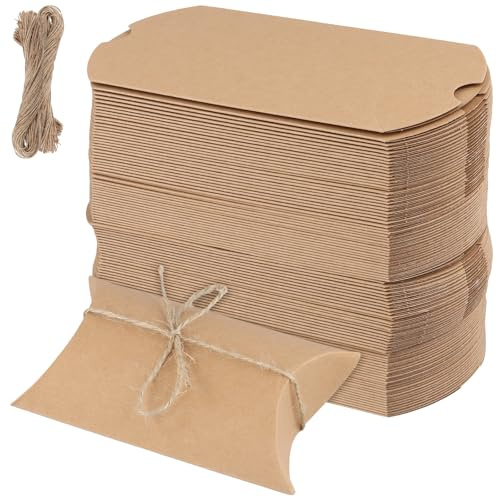 SOUJAP 100 cajas de papel de almohada marrón, 13 x 8,8 x 3,5 cm, cajas de regalo de almohada kraft con cuerda de yute para bodas, fiestas de cumpleaños