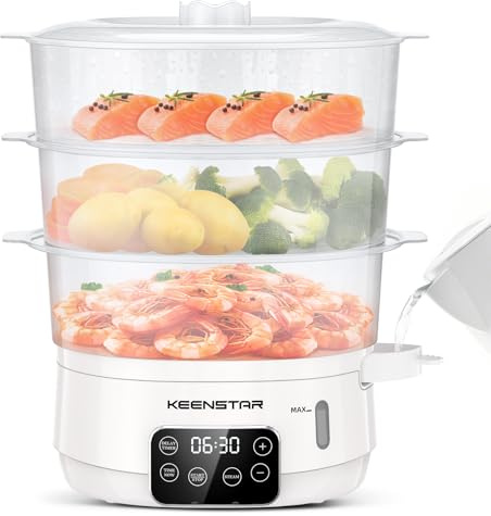 Vaporiera elettrica per alimenti, 13,7 QT con 3 ripiani cestini senza BPA, vapore digitale con appuntamento e timer, cottura simultanea da 800 W, ideale per verdure, frutti di mare, riso, bianco
