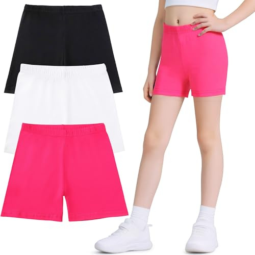 Domueay Cortos Pantalones Niñas, Shorts de Ciclismo Leggings Algodón Pack de 3, Elástica Mallas Cortas Transpirable Deporte Correr Verano Cómodo Short Pantalón 5-6 Años, Negro Blanco Rosa