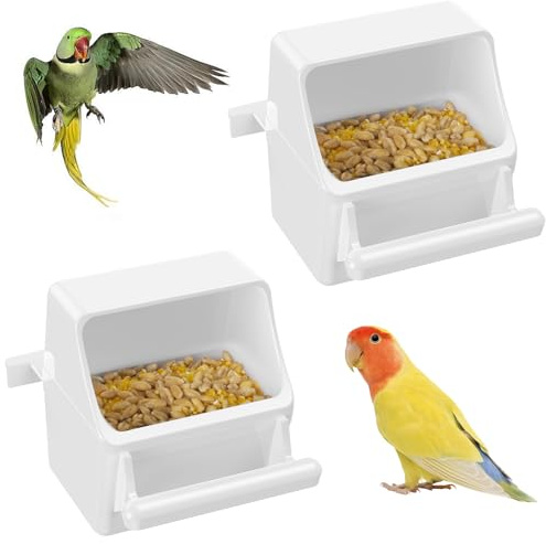 Pawfly 2 Piezas Comedero Bebedero para Jaula de Pájaros - Dispensador de Agua y Alimento con Ganchos y Posadero - para Loros Periquitos Cacatúas y Canarios (Plástico Resistente)