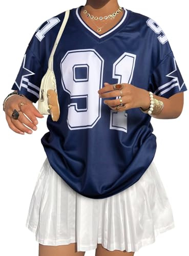 Women's Graphic Football Jersey Shirts Y2K Oversized T Shirt V Neck Baggy Streetwear Summer Tops Blue