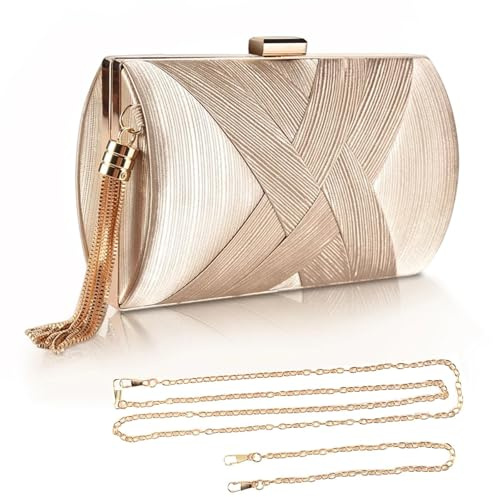 Dulynva Bolso Fiesta Borla Bolso de Mano de Noche para Mujer Bolsos Fiesta Dorado Satén con 2 Cadena Clutch fiesta Pequeño Bolsos de Mano para Boda Noche Cóctel Graduación Prom (17×10×7 cm)