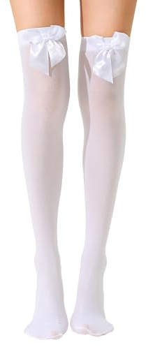 1 Pair Thigh High Socks, White Knee High Socks with White Satin Bow, Opaque Bow Stockings, Overknee Sock Long Stockings, Halloween Womens Sexy Sock Accessories, for Halloween,Valentine's,Christmas