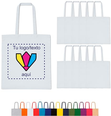 Regalix Shop - Tote bag personalizada - Pack 10 uds. 14 colores – Asas largas, 38 x 42 cm – Ideal para regalos, eventos y pequeños negocios (10, Blanco)