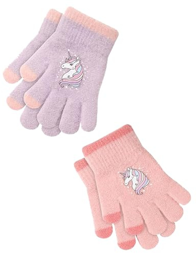 HUVZOR 2 Paires de Gants en Tricot Chauds pour Enfants,Gants de Sable de Cristal Violet Clair et Rose Gants Thermiques Doux Extensible Mitaines avec Motif de Licorne Roman pour Filles de 2 à 5 Ans