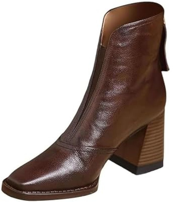 HESYSUAN Botines de tacón grueso con punta cuadrada para mujer, botas cortas de cuero con cremallera trasera para el trabajo y uso casual, color marrón y negro, Brown, 37.5 EU