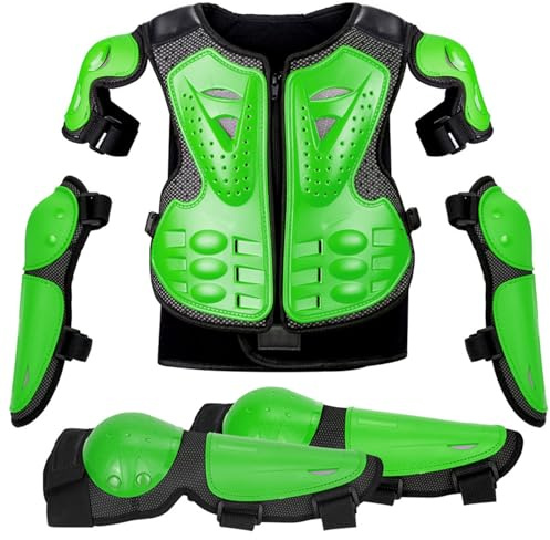 Protection Pectorale Enfant – Gilet de Protection Motocross Ajustable avec Dorsale, Genouillères & Coudières pour VTT, BMX, Dirt Bike, Skate, Trottinette (Grün)
