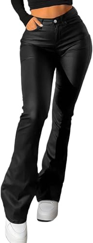 Womens Faux Leather Trousers High Waisted Butt Lifting Micro Stretch PU Bootcut Pants Ladies Summer Casual Slim Fit Button 4 Pockets Flared Trousers for Concert Party Club