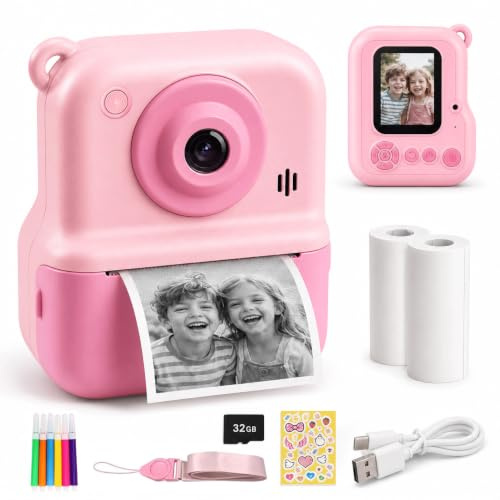 Cámara Infantil de impresión instantánea de 2,4 Pulgadas, HD 1080p, Incluye Tarjeta de 32 GB y Papel de impresión, cámara instantánea, Regalo para niñas y niños, Color Rosa (3-12 años)