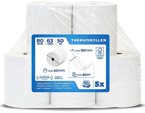 THERMALKING Thermorollen 80mm x 63mm x 12mm [für Bondrucker wie Epson, IBM & co.] - Bonrollen 80x63x12 Thermo - Kassenrollen Thermopapier - Geeignet für Drucksysteme mit Papierbedarf bis 50m (5 Stk)