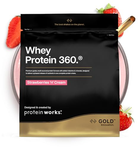 Protein Works | Whey Protein 360 - Gold Innovation, Whey Protein Powder, Premium Tri-Protein Blend, Digestive Enzymes, 12 Vitamins & Minerals, Strawberries 'n' Cream, 20 Servings, 600g