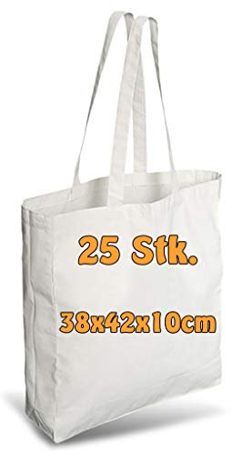 Cottonbagjoe Einkaufstaschen | 38x42x10 cm | Seiten und Bodenfalte | mit langen Henkeln | Jutebeutel | Baumwolltaschen zum Bemalen, Bedrucken | DIY