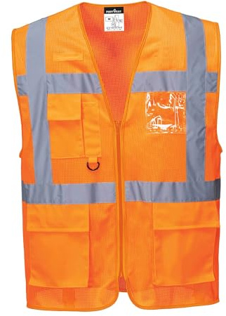 Portwest C376 Atens Nät Luft Väst Mesh Med Dragkedja Flera Fickor Polyester | Orange, L, EN ISO 20471 Klass 2, CE-certifierad, Normal Passform, Unisex, Reflekterande Tejp, Maskintvättbar, Hög Synlighet