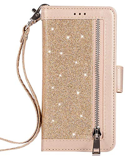 Uposao Huawei P30 Lite Glitter Coque,PU Premium Etui Housse en Cuir Portefeuille de Protection Coque a Rabat Magnetic Fermeture,Multi-Usage 9 Carte Slot,Support Stand Coque Huawei P30 Lite,Or