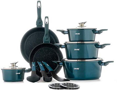DMS® 15-teilig Induktion Kochgeschirr Kochset Töpfe Pfannen Set Bratpfanne Kasserolle Suppentopf mit Glasdeckel 3 Küchenutensilien 2 Topfuntersetzer Aluminium Marbel Beschichtung (Blau)