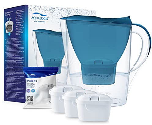 Aqualogis Harmony 2.6L Fridge Water Filter Jug for Reduction of Microplastics, Scale, Chlorine, Taste and Odor, BPA Free, (Replacement Filter Model: Pure+) (Blue + 3 Cartridges)