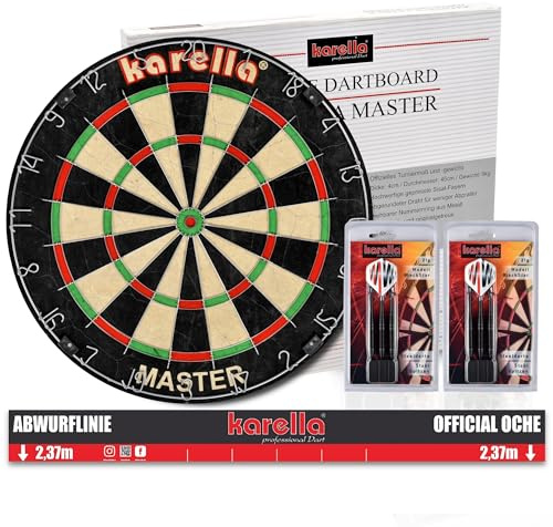 Karella Dartboard Master i set, inklusive 2 uppsättningar Steeldarts 21 g, sisalborst, tunerbräda, perfekt för nybörjare