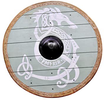 Battle-Merchant | Rundschild mit Fenrir-Motiv | handbemalter Wikingerschild aus Holz | 80cm (31,5 Zoll) | Wikinger Mittelalter Schild für Erwachsene