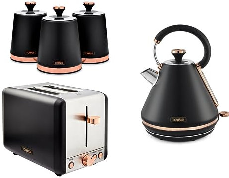 Tower Cavaletto Black 1.7L 3KW Pyramid Kettle, 2 Slice Toaster & Tea, Coffee & Sugar Canisters. Contemporary Matching Kitchen Set of 5 in Black & Rose Gold