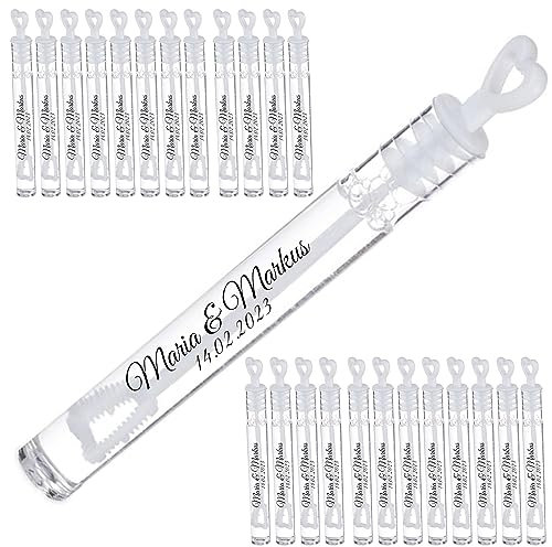 Personalisierte Seifenblasen Hochzeitsgastgeschenke Set in weiß - mit Herzgriff - Wedding Bubbles für Hochzeit, Geburtstag, Verlobung (Name + Datum)