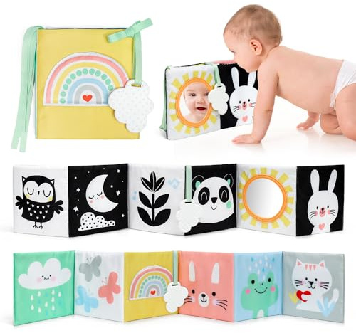 OKOOKO Pram Book, Baby Soft Book, Double-sided Tummy Time Sensory Book, Tummy Time Toy, Black and White High Contrast Sensory Toys, Montessori Sensory Toy, Fabric Book, Early Education for 0-6 Months