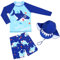 AIWUHE Schwimmshirt Kinder Uv-Schutz Bade-Set zweiteilig Schwimmshirt Badehose Langarm Haifisch-Muster T-Shirt mit Badekappe Blauer Hai 160