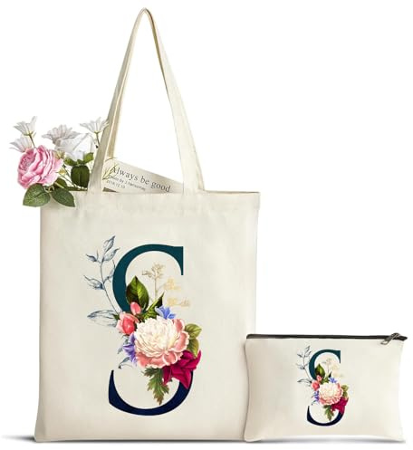 Cadeau Femme Sac Fourre-Tout avec Initiale Fleur, Personnalisés Sac en Toile en Coton Trousse de Maquillage, Cadeaux de Mariée, Cadeau Parfait pour Amie, Mères pour Anniversaire Mariage Voyage Noël S