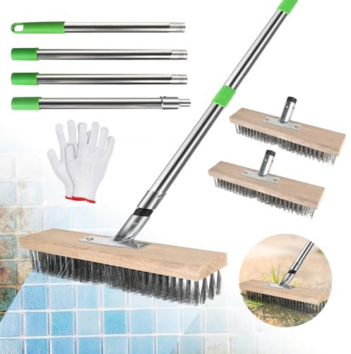 SUPAWAY Lot de 2 Balai métallique 30cm Brosse à balai métallique portable Balai métallique en acier avec manche (1,6 m) Balai exterieur pour enlever la mousse du jardin,mauvaises herbes,taches tenaces