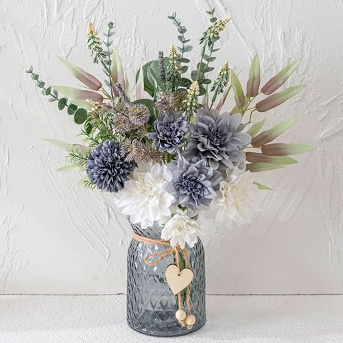 Fake Flowers with Vase, Blue Silk Dahlia Artificial Flowers Silk Flowers Arrangement in Vase Suitable for Home Spring Decor Office Decoration, Dining Coffee Table Centerpiece Kitchen Bathroom