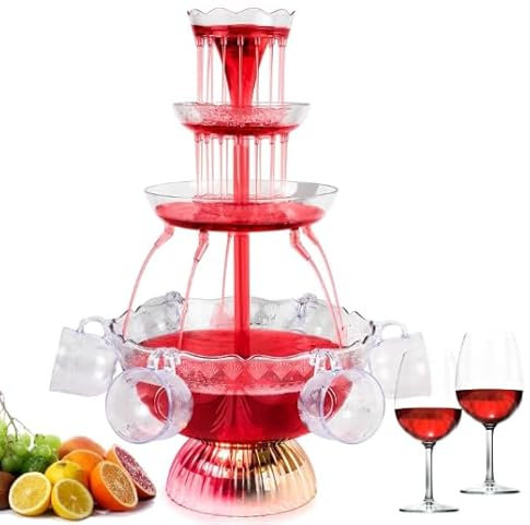 TECKZOON 3 Niveaux Fontaine de Fête, Fontaine à Boissons avec 5 Tasses Réutilisables, Fontaine à Vin avec éclairage LED, Fontaine à Boire pour Pubs, Fêtes à Domicile et Anniversaires
