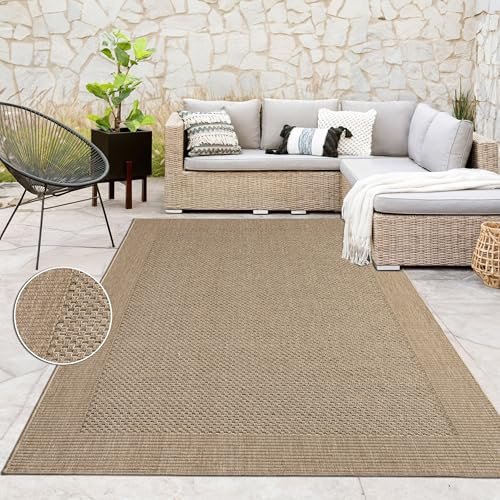 Paco Home Jute Look Rug Indoor-Outdoor - Natural & Black, Sturdy & Stylish, Ideal for Patio & Living Room, Size:240x340 cm, Colour:Beige