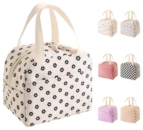 10L Borsa Termica Porta Pranzo, Riutilizzabile Borsa Frigo Piccola Portatile, Pranzo Tote Bag, per Uomini Donne Bambini, per Ufficio Scuola Viaggi Campeggio All'aperto Picnic (Fiori bianco sporco)