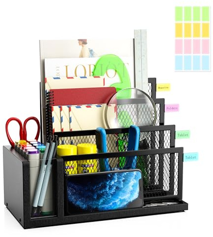 Simaixing Organizer per posta da ufficio in legno per scrivania, 4 scomparti, porta lettere, piano di lavoro, in metallo con etichetta colorata, organizer da scrivania per documenti, banconote