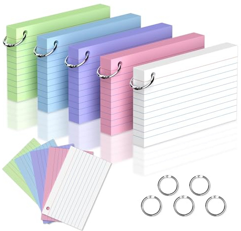 250 Count Colored Index Cards 3 x 5 Inch, Lined Flash Cards with Key Ring, Ruled Note Cards for Office Use, Portable Note Taking Study Flashcards for Home and School