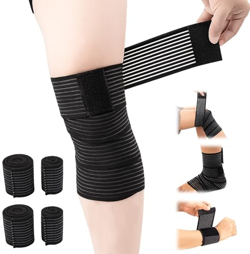 JLFDLLYYZQ 4 Stück Kniebandage Sport, Enthält 2 Stück 180cm Kompressionsbandage Für Beine Und 2 Stück 90cm Armbandage, Elastisch Oberschenkel Bandage, Wadenbandage Damen Und Herren, Schwarz