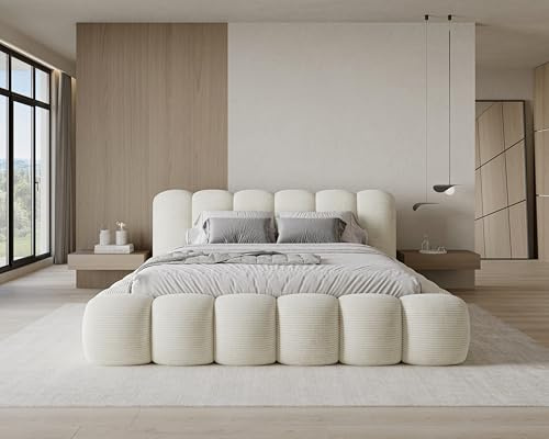 Chilly. Design Lit Stone 180 x 200 - Lit Coffre Rembourré - 2 Personnes - Revêtement Élégant Tissu en Velours Côtelé Poso Beige