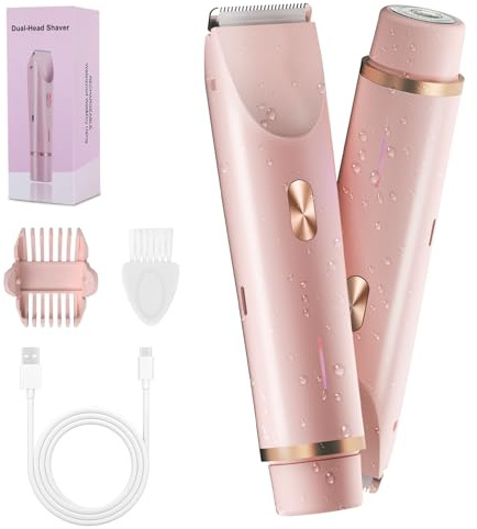 2-in-1 Bikini Trimmer for Women, Bikini Shaver with Dual Heads, Body and Facial Hair Removal, Rechargeable Cordless Electric Razors for Face Chin Pubic Underarm Legs, IPX7 Waterproof, Pink