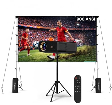 Projektor 4K Stöds med WiFi & Bluetooth, 100 Tum Duk & Stativ från MMOBIEL – Native 1080P, 900 ANSI, Automatisk Keystone-korrigering, 50–300” Visning – För HDMI, USB, iOS & Android