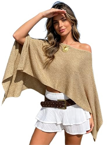 Felcia Women Knitted Poncho Top Lightweight Off Shoulder Crochet Sheer Shawl Asymmetrical Hem Solid Color Cover Up (K-Champagne, One Size)