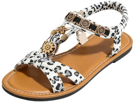 Platta gladiatorsandaler för kvinnor bohemiska leopardtryck blomdekor elastisk slingback fuskmocka öppen tå halkfri mjuk sula lätta sommarskor för strand semester festival promenader utomhus vardaglig