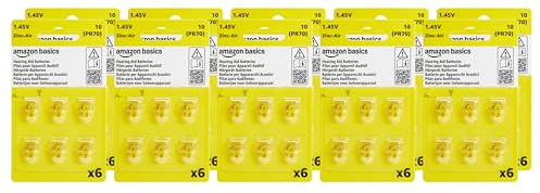 Amazon Basics 60-Pack Size 10 Hearing Aid Batteries, Zinc-Air Technology, 1.45 Volt, Yellow Tab, 4-Year Shelf Life, Mercury-Free, Child-Safe Package (Use Scissors to Open)