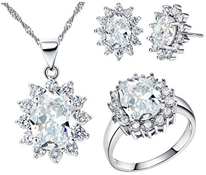 Uloveido Set di gioielli da sposa con diamanti in pietra bianca CZ Set di orecchini economici, collana e anello per ragazze T466 (taglia 17)